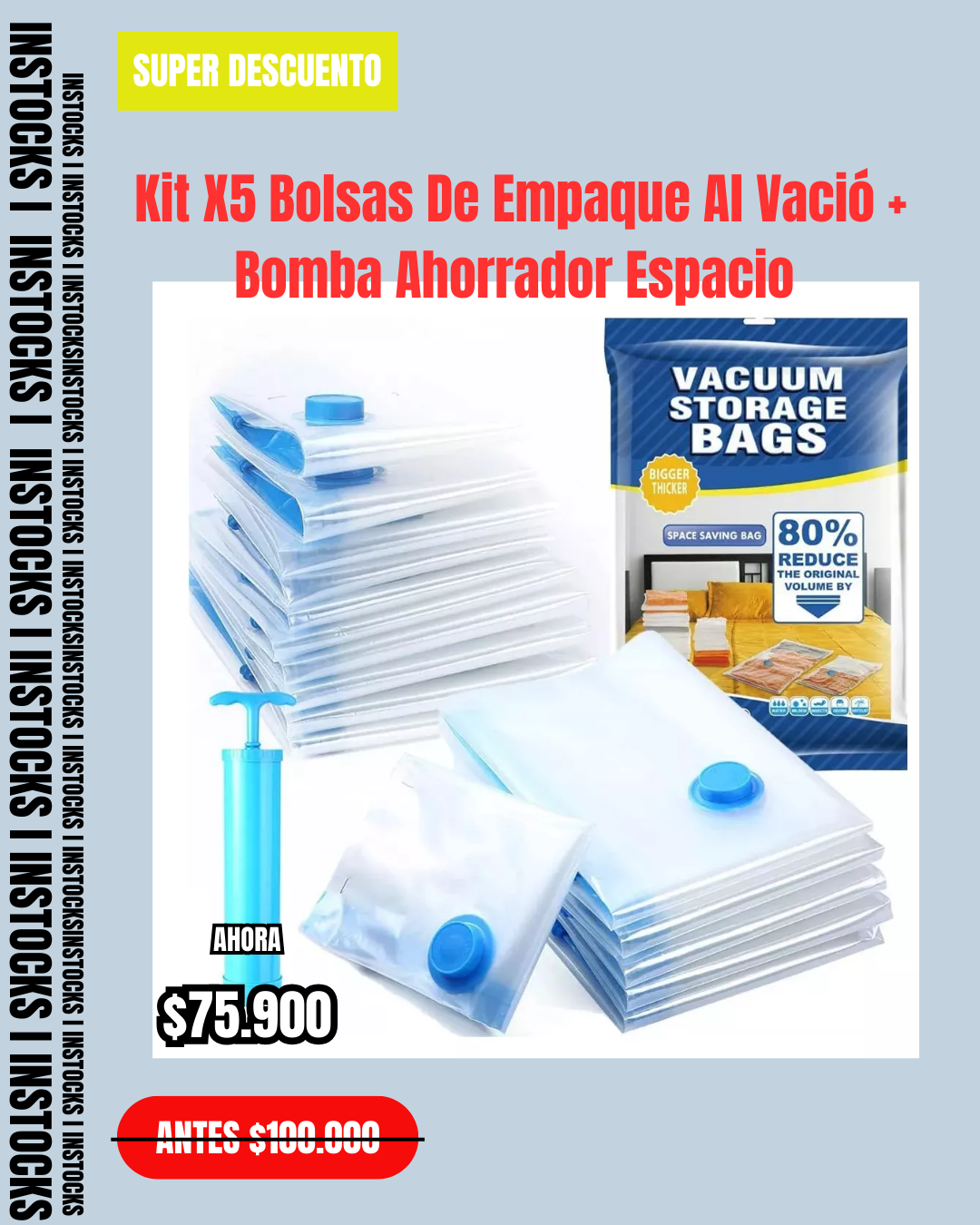 Kit X5 Bolsas De Empaque Al Vació + Bomba Ahorrador Espacio