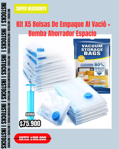 Kit X5 Bolsas De Empaque Al Vació + Bomba Ahorrador Espacio